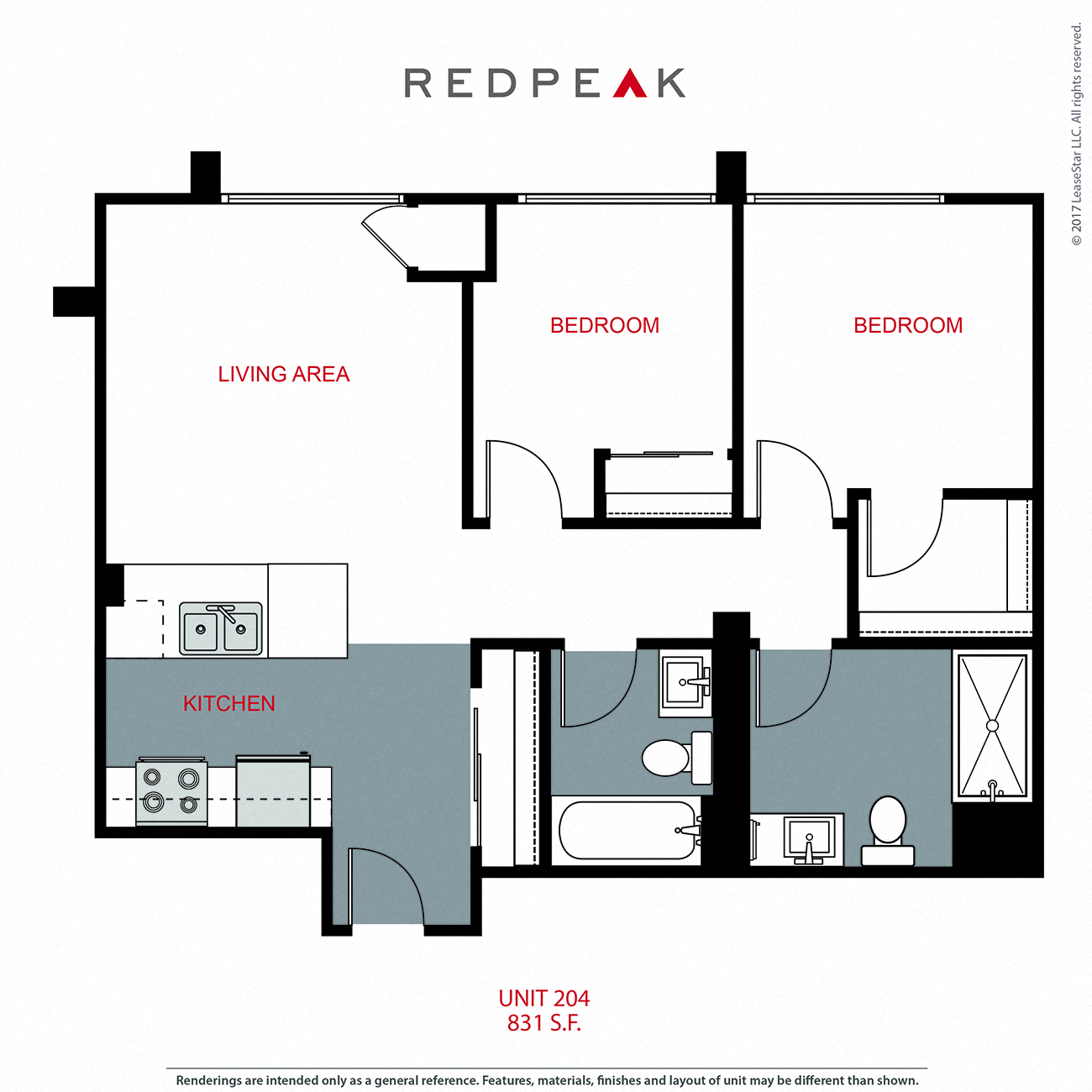 Floor plan for 2 beds, 2 baths, 830 sqft